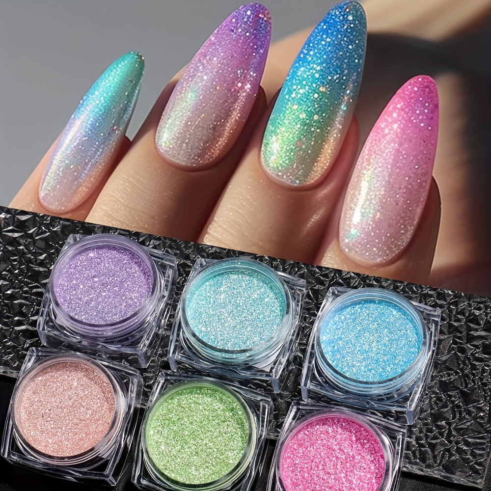 6pcs Star Glitter Powder Set Holographic Summer Pink Purple Blue Green Sugar Dipping Pigment Mermaid Iridescent Nail Sequins Dust Decoration Nails Supplies